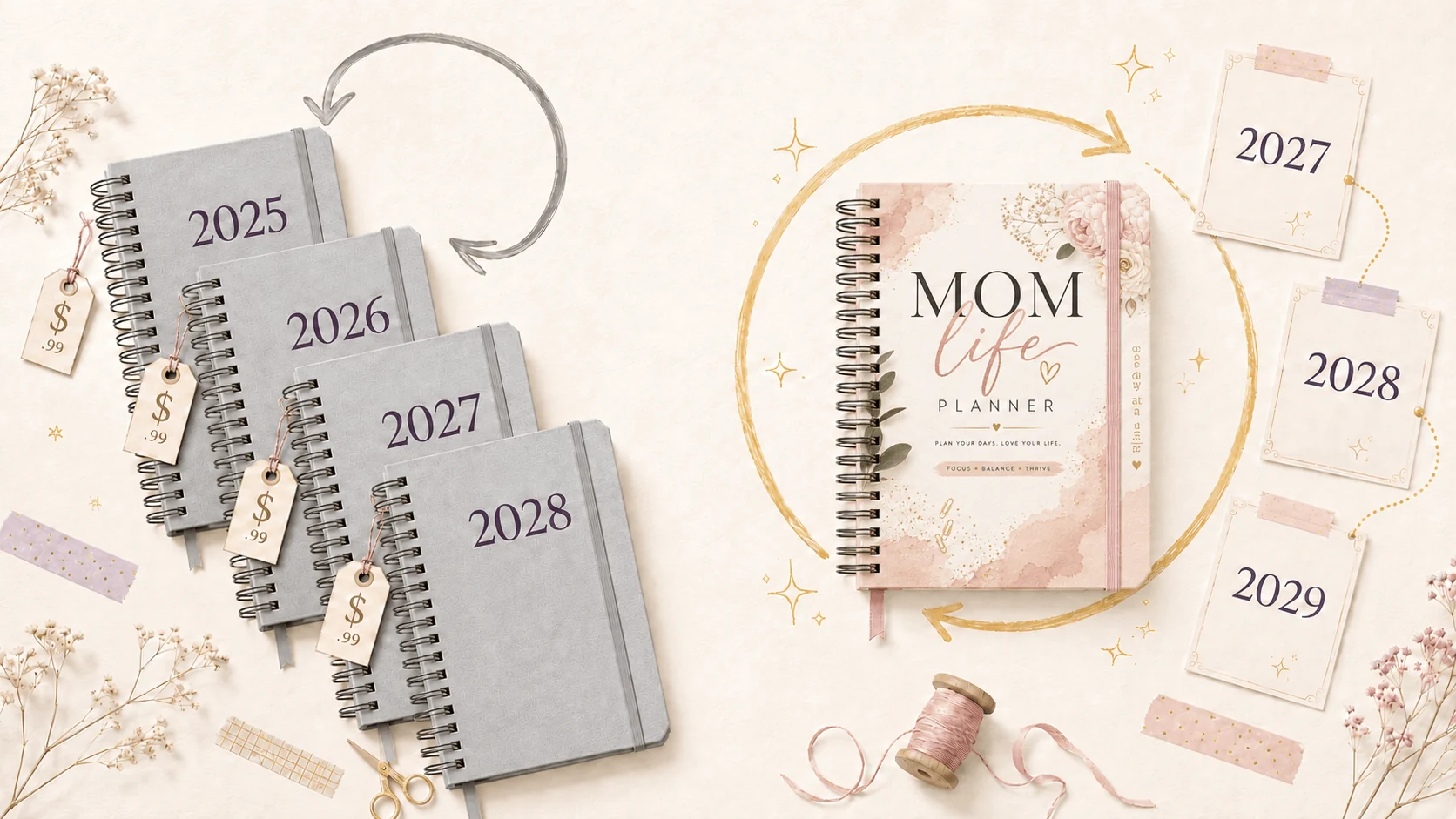Buy once, updated every year for free — your planner files stay current for 2027, 2028 and beyond at no extra cost
